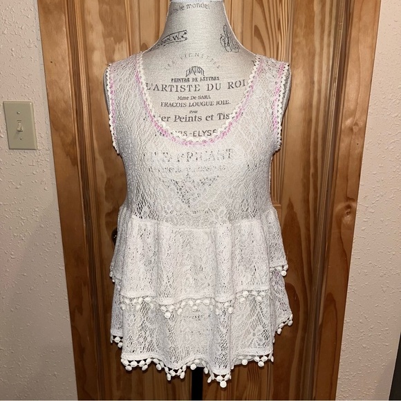 Free People Daydream Cream Lace Layered Crochet Boho Swing Tank Top Size Small - Picture 2 of 12